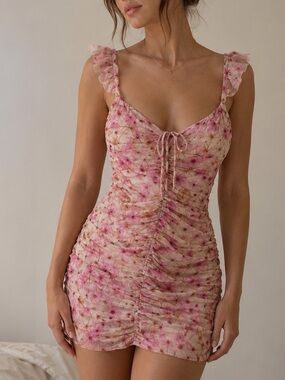 Fanco Pink Floral Ruched Mini‎ Dress Small Ruffle Tie Front Cottagecore Fairy